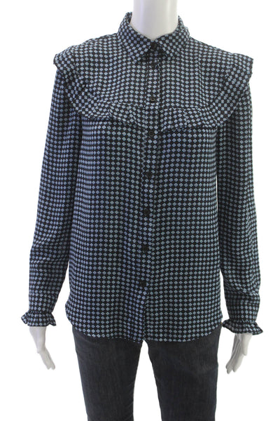Who What Wear Womens Black Collared Button Geometric Blouse Long Sleeve Size XS