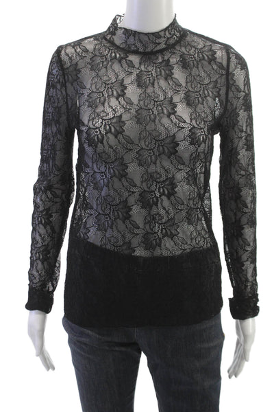 Anthropologie Womens Basic Lace Floral Mock Neck Long Sleeve Blouse Size M
