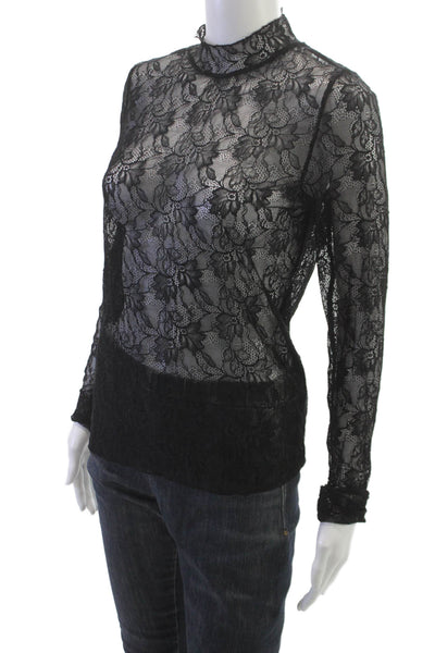 Anthropologie Womens Basic Lace Floral Mock Neck Long Sleeve Blouse Size M