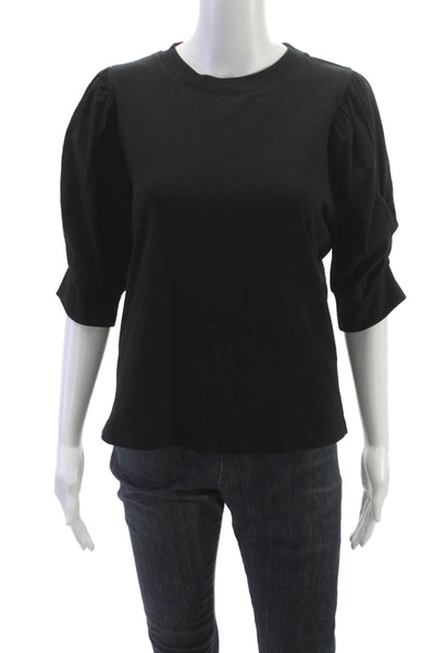 Frame Women Black Basic T-Shirt 100% Cotton Crew Neck 3/4 Sleeve Size M