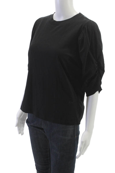 Frame Women Black Basic T-Shirt 100% Cotton Crew Neck 3/4 Sleeve Size M
