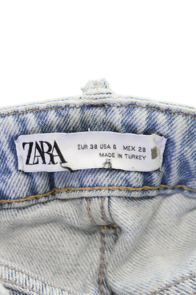 Zara Womens Mom Jeans Blue High Rise Button Cotton Blend Size 6
