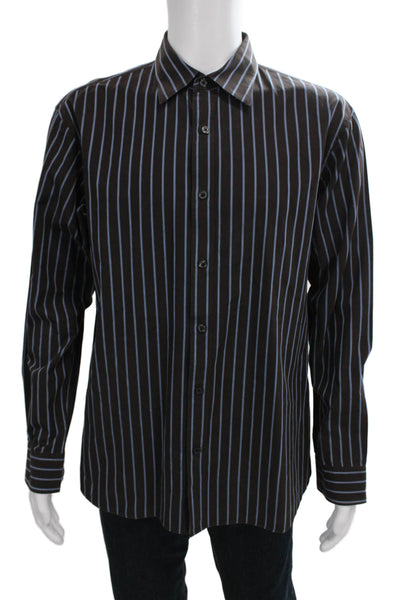 Michael Michael Kors Mens Button Up Collared Striped Brown Cotton Shirt Size XL