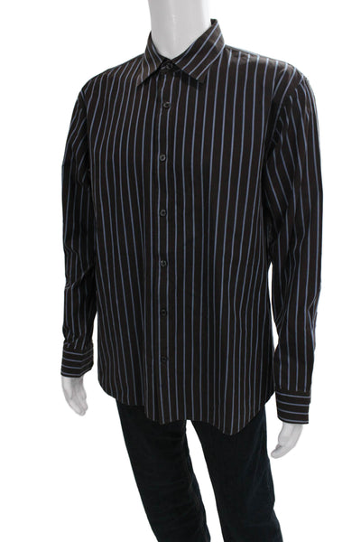 Michael Michael Kors Mens Button Up Collared Striped Brown Cotton Shirt Size XL