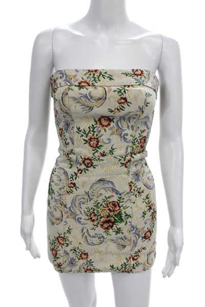 Edikted Women Bodycon Mini Dress Beige Floral Strapless Cotton Lace Up Size XS