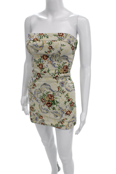 Edikted Women Bodycon Mini Dress Beige Floral Strapless Cotton Lace Up Size XS