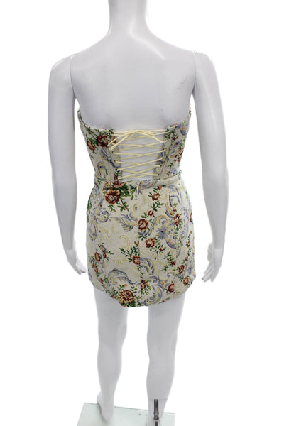 Edikted Women Bodycon Mini Dress Beige Floral Strapless Cotton Lace Up Size XS