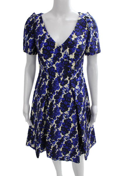 Carolina Herrera Women Fit & Flare Floral Blue Dress V-Neck Short Sleeve Size 6