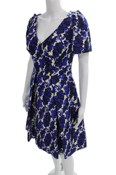 Carolina Herrera Women Fit & Flare Floral Blue Dress V-Neck Short Sleeve Size 6