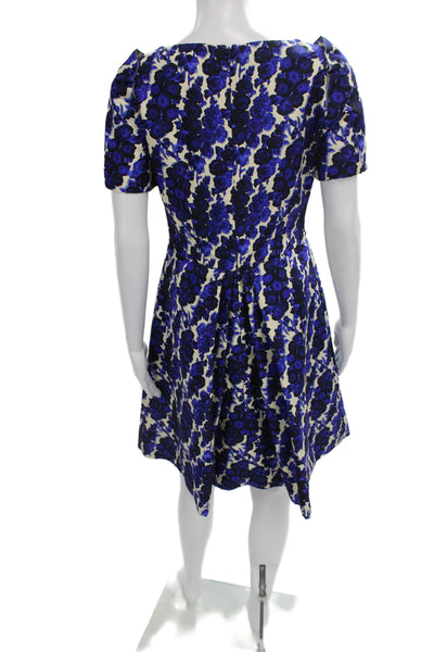 Carolina Herrera Women Fit & Flare Floral Blue Dress V-Neck Short Sleeve Size 6