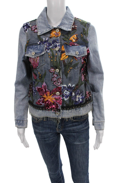 Gabby Isabella Women Basic Jacket Blue Cotton Blend Floral Button Size XS