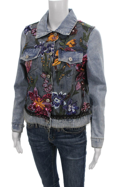 Gabby Isabella Women Basic Jacket Blue Cotton Blend Floral Button Size XS