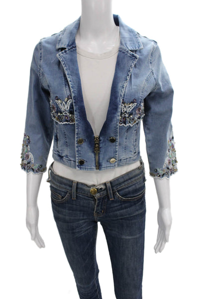 Nice Instanbul Women Basic Jacket Blue Cotton 3/4 Sleeve Zip Solid Size S
