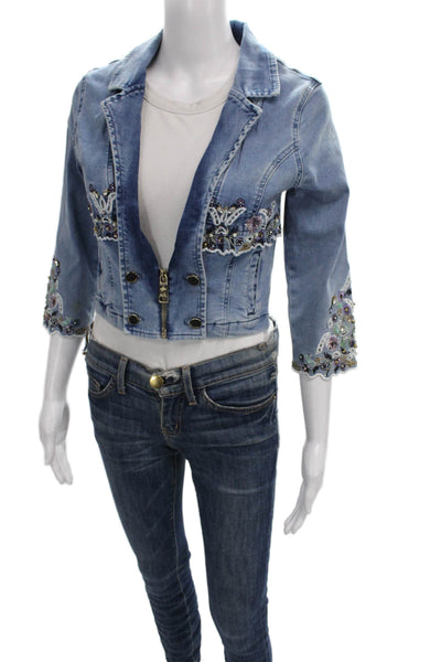 Nice Instanbul Women Basic Jacket Blue Cotton 3/4 Sleeve Zip Solid Size S