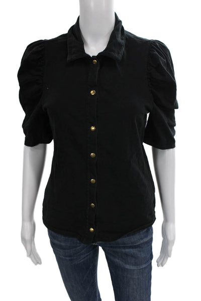 Nation LTD Womens Basic Button-Up Blouse Black Cotton Short Sleeve Size M