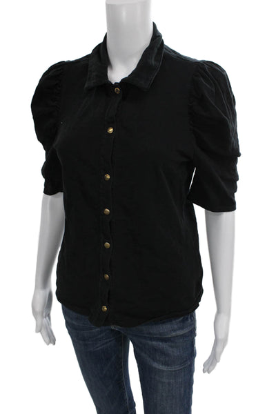Nation LTD Womens Basic Button-Up Blouse Black Cotton Short Sleeve Size M