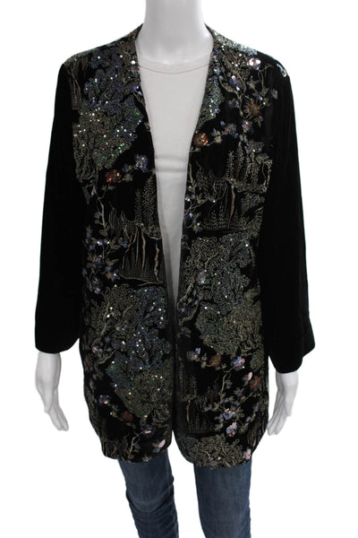 Aris A. Womens Floral Bohemian Black Long Sleeve Jacket Polyester Size 1X