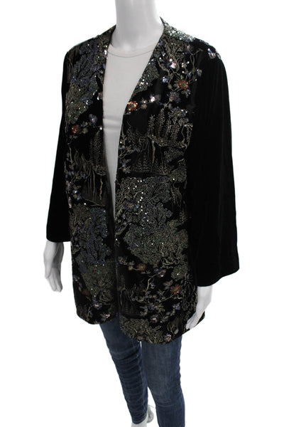 Aris A. Womens Floral Bohemian Black Long Sleeve Jacket Polyester Size 1X