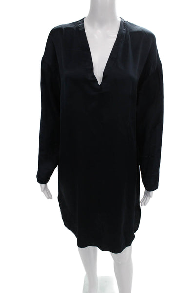 Vince Womens Silk Shift Dress Black V-Neck Long Sleeve Short Size S