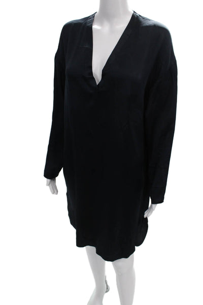 Vince Womens Silk Shift Dress Black V-Neck Long Sleeve Short Size S