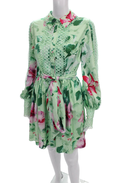 Badgley Mischka Women Green Floral Collared Mini Dress Long Sleeve Size 4