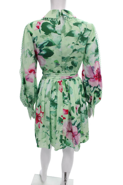 Badgley Mischka Women Green Floral Collared Mini Dress Long Sleeve Size 4