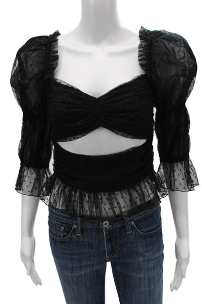 LPA Women Cropped Blouse Black Polka Dot Sweetheart 3/4 Sleeve Zip Size XS