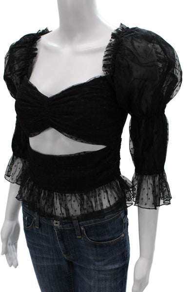 LPA Women Cropped Blouse Black Polka Dot Sweetheart 3/4 Sleeve Zip Size XS