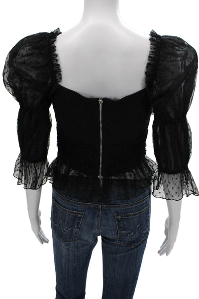 LPA Women Cropped Blouse Black Polka Dot Sweetheart 3/4 Sleeve Zip Size XS