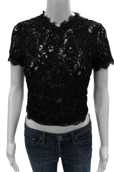 Zara Women Cropped Lace High Neck Short Sleeve Blouse Black Size S