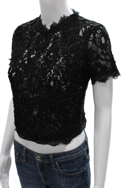 Zara Women Cropped Lace High Neck Short Sleeve Blouse Black Size S