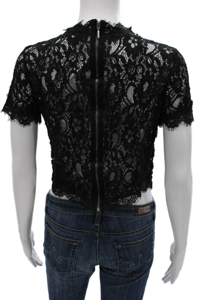 Zara Women Cropped Lace High Neck Short Sleeve Blouse Black Size S