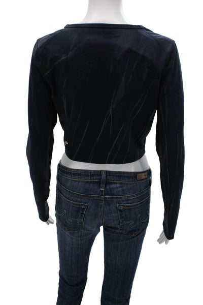 Lululemon Women Black Cropped Long Sleeve T-Shirt Striped Crew Neck Size 8