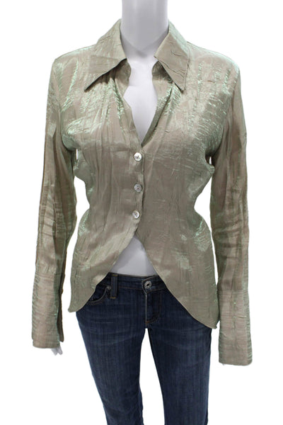 The Line By K Women Basic Green Rayon Collared Button Long Sleeve Blouse Size M