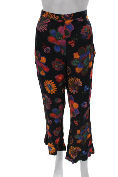 Farm Rio Womens Ankle Pants Black Floral Viscose Zip Inseam 27 Size L