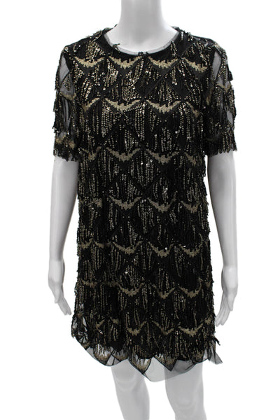 Zara Women Shift Dress Black Geometric Short Sleeve Size S