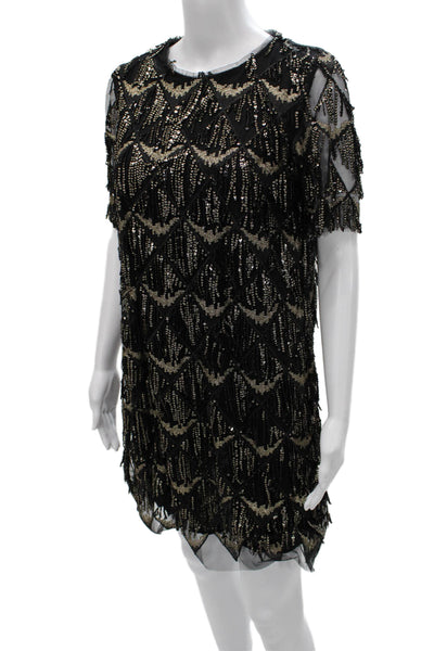 Zara Women Shift Dress Black Geometric Short Sleeve Size S