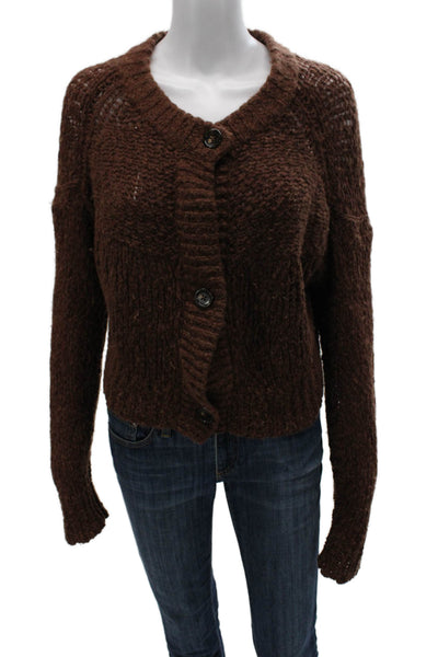 Everlane Women Wool Cardigan Brown Round Neck Long Sleeve Solid Size S