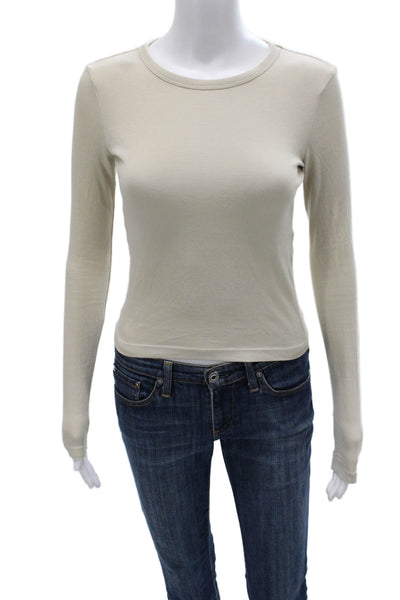Zara Women Basic Beige Round Neck Long Sleeve T-Shirt Cotton Pullover Size S