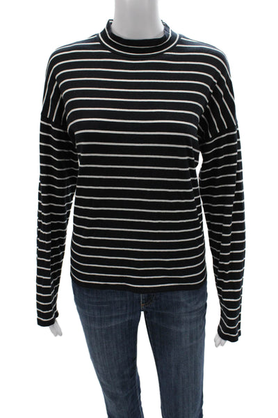 Everlane Women Black Striped Mock Neck Long Sleeve T-Shirt Cotton Size M