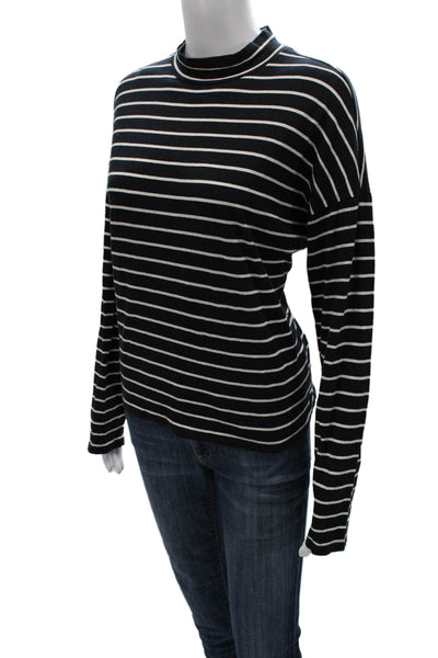 Everlane Women Black Striped Mock Neck Long Sleeve T-Shirt Cotton Size M