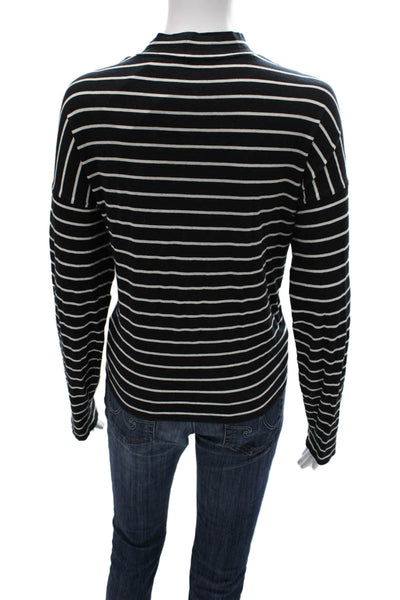 Everlane Women Black Striped Mock Neck Long Sleeve T-Shirt Cotton Size M