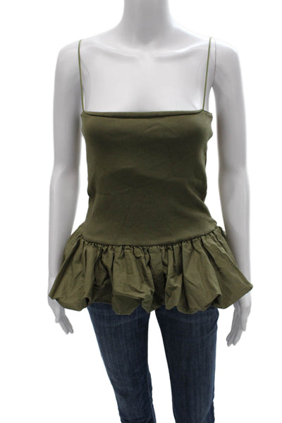 Zara Women Tank Camisole Green Cotton Square Neck Sleeveless Size M