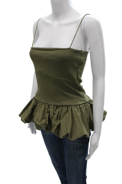 Zara Women Tank Camisole Green Cotton Square Neck Sleeveless Size M