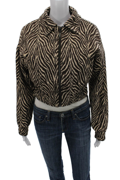 Kimchi Blue Womens Bomber Jacket Brown Animal Print Zip Long Sleeve Size M