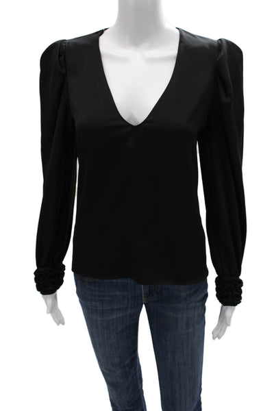 Zara Women Black V-Neck Long Sleeve Basic Blouse Polyester Size XS
