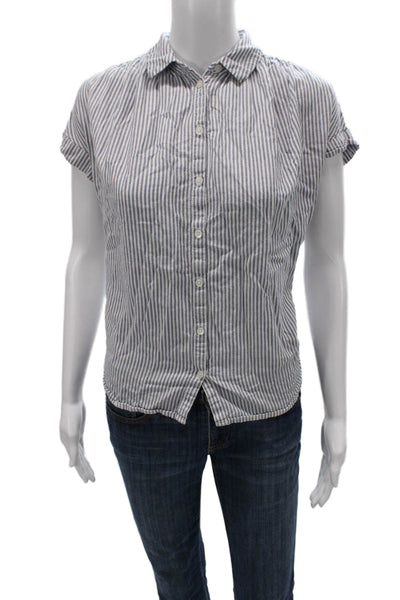 Madewell Women Blue Striped Linen Collared Short Sleeve Button-Up Size 2XS