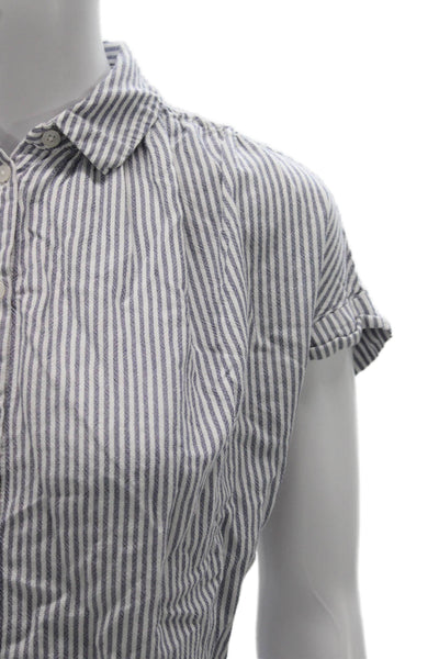 Madewell Women Blue Striped Linen Collared Short Sleeve Button-Up Size 2XS