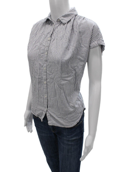Madewell Women Blue Striped Linen Collared Short Sleeve Button-Up Size 2XS