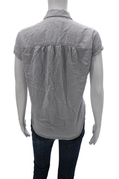 Madewell Women Blue Striped Linen Collared Short Sleeve Button-Up Size 2XS